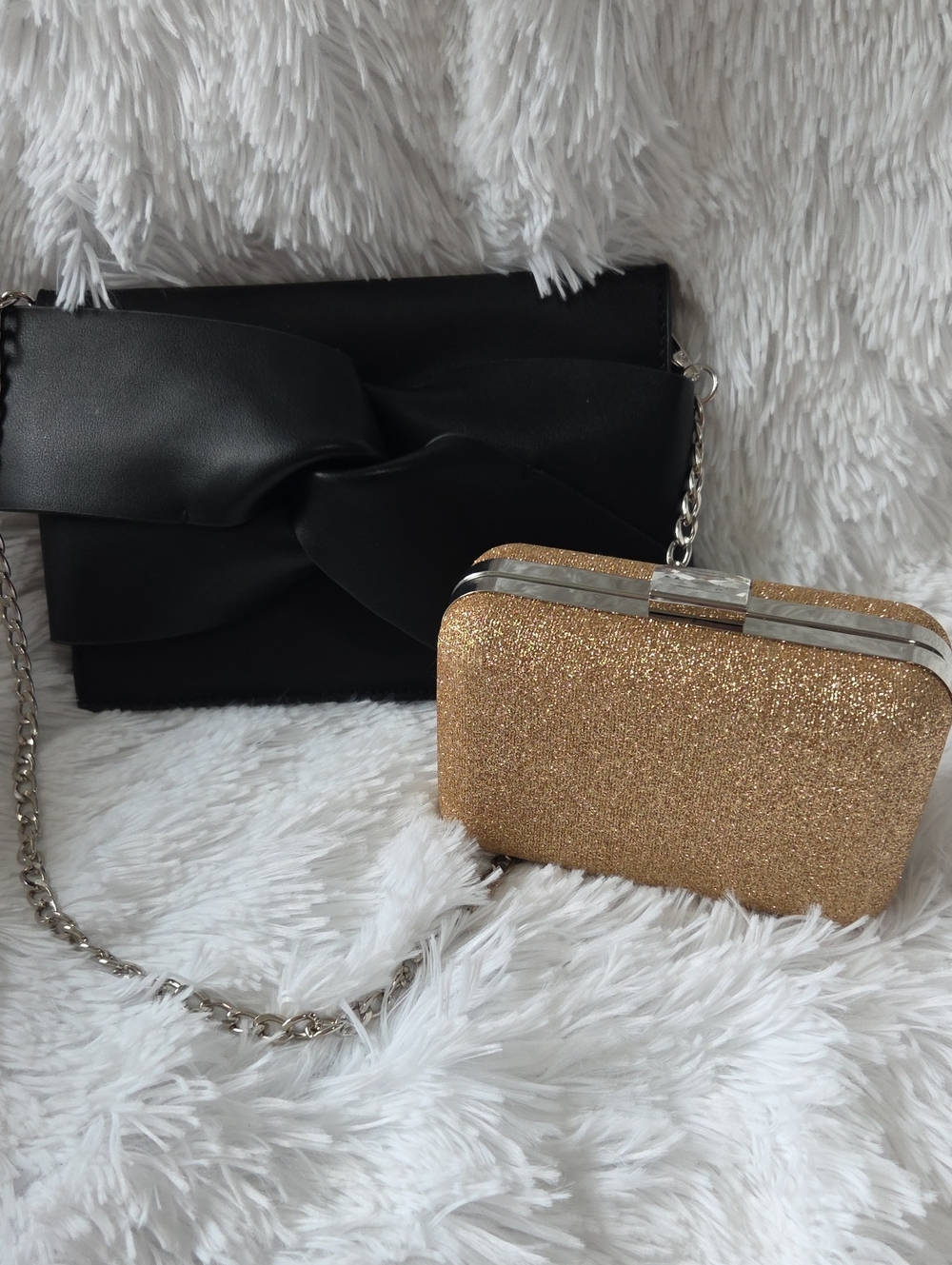 Black Bow Chain Shoulder Bag with Gold Glitter Clutch Set